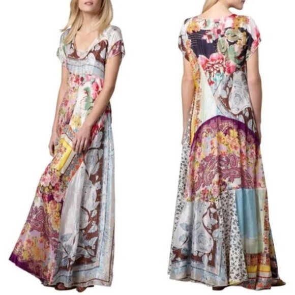💕JOHNNY WAS💕 Tropic Georgette 100% Silk Maxi Dress ~ Patchwork Print 2X NWT - Picture 5 of 16